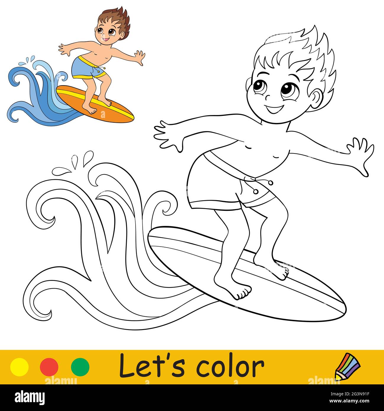 Cute cartoon boy catches a wave on a surfboard. Coloring book page with colorful template for kids. Vector isolated illustration. For coloring book, p Stock Vector