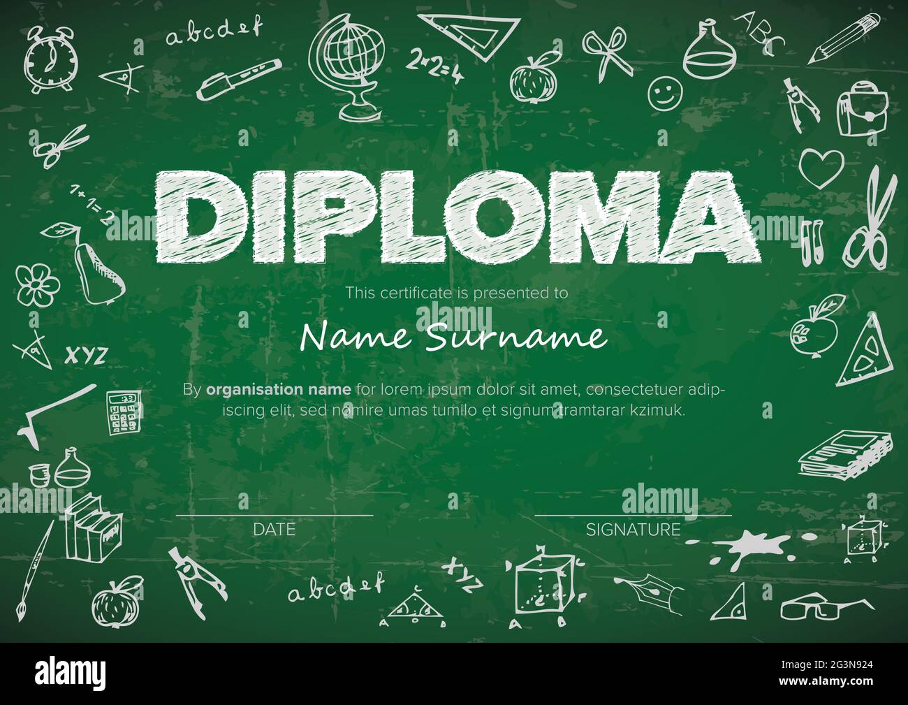 Child diploma certificate template with white chalk doodles frame and ...
