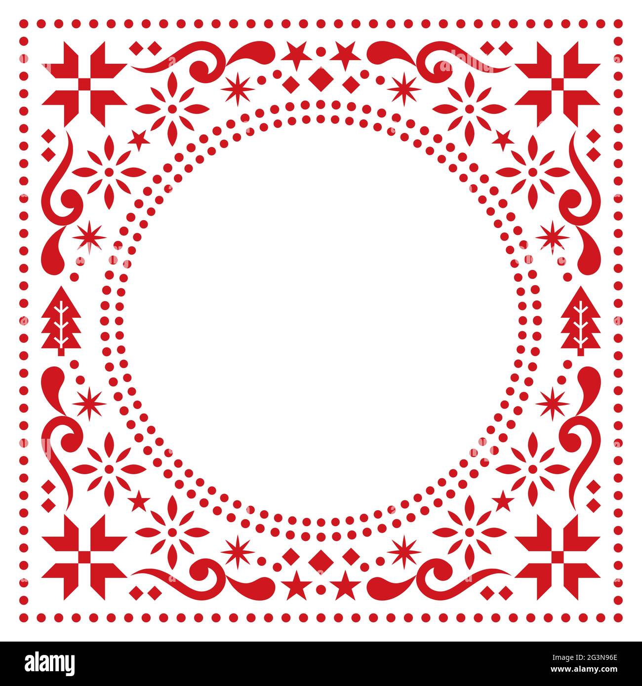 Christmas Scandinavian folk art vector greeting card border or frame pattern, red greeting card with Christmas trees, snowflakes, flowers and stars Stock Vector