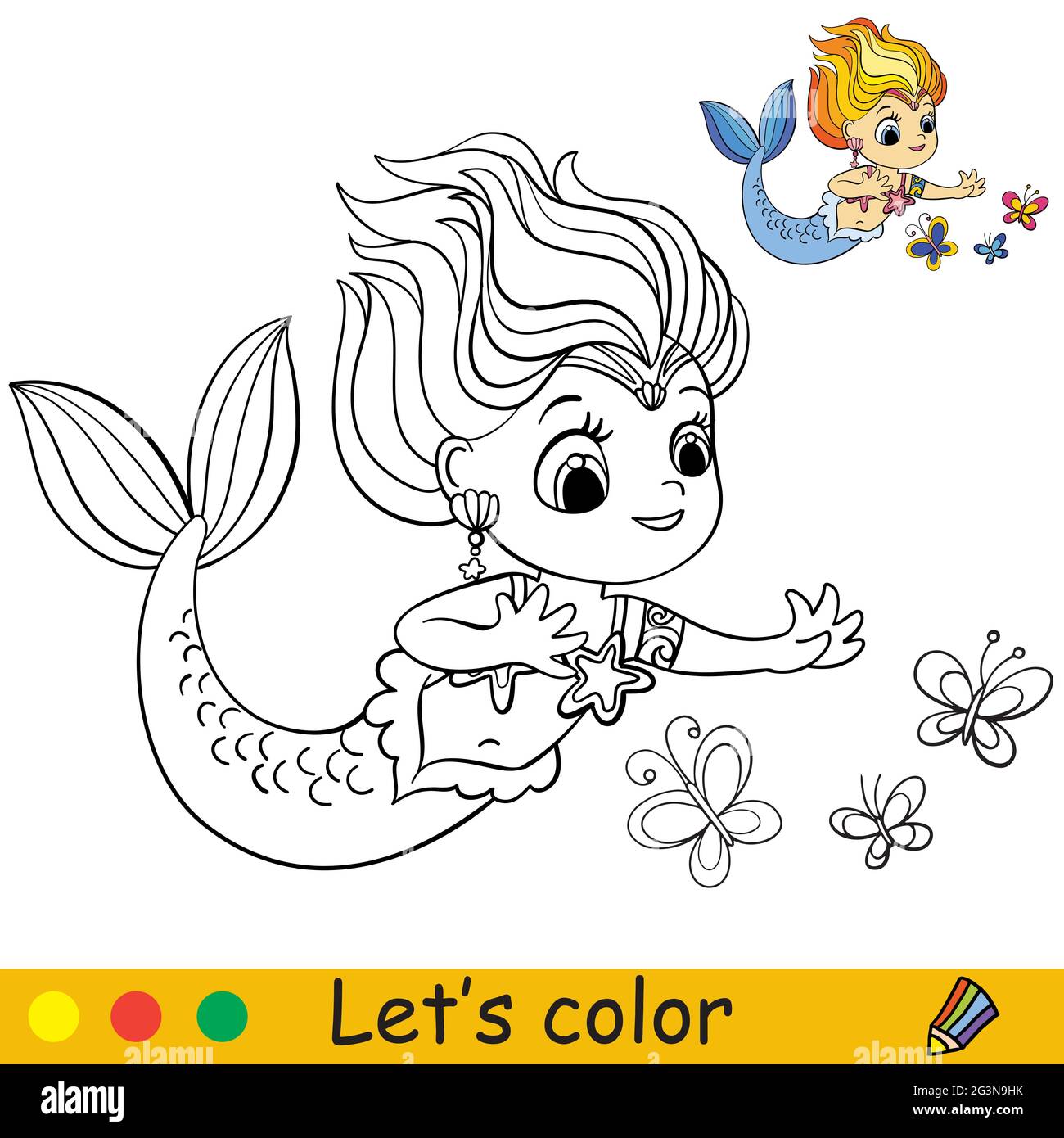 Cute little mermaid look at beautiful butterflies. Coloring book ...