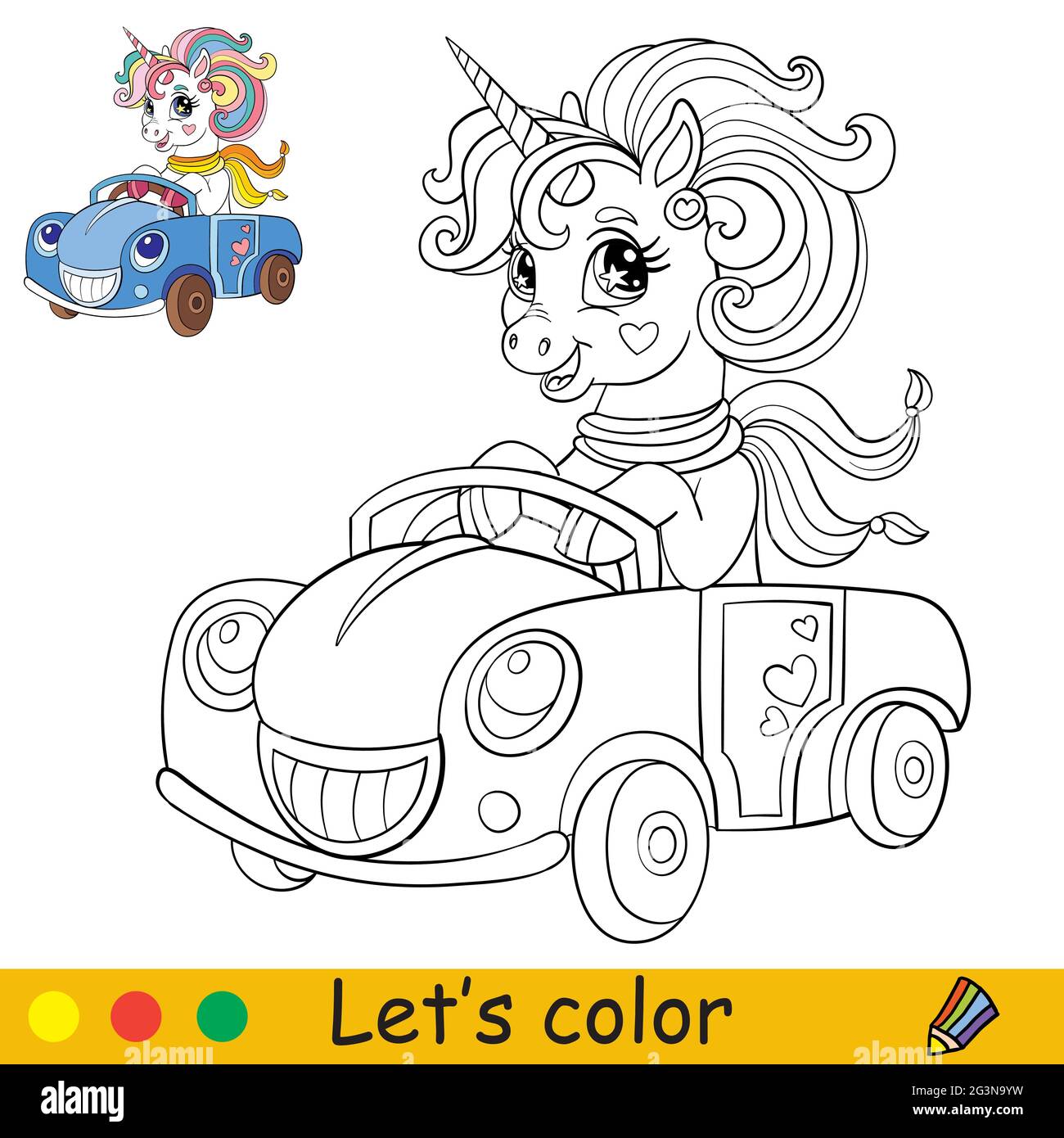 Cute Cartoon Unicorn With A Scarf Drive A Car. Coloring Book Page With  Colorful Template For Kids. Vector Isolated Illustration. For Coloring Book,  Pr Stock Vector Image & Art - Alamy
