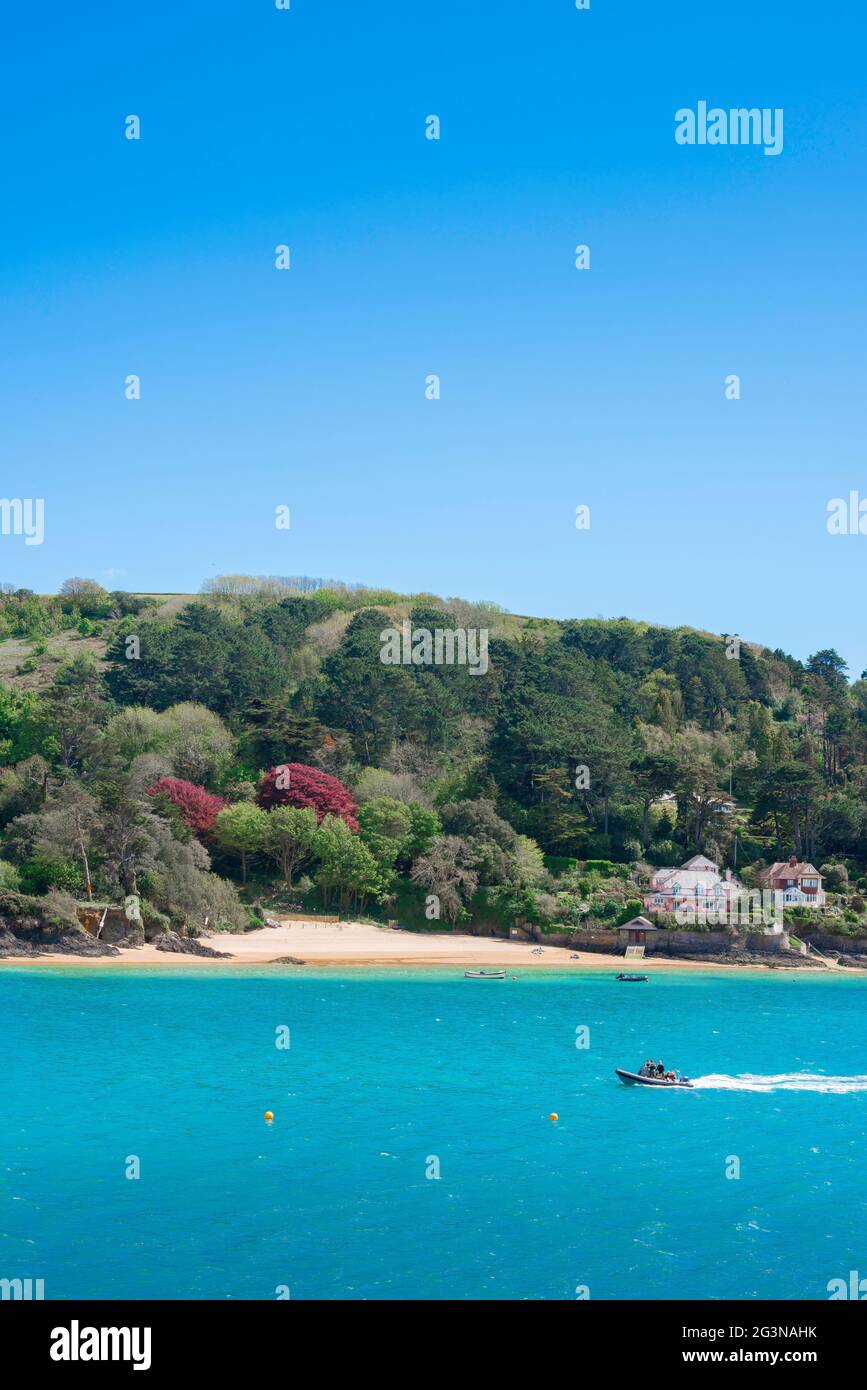 UK summer, view in summer of the deserted beach at Small's Cove near East Portlemouth in the Salcombe Estuary, South Hams, Devon, England, UK Stock Photo