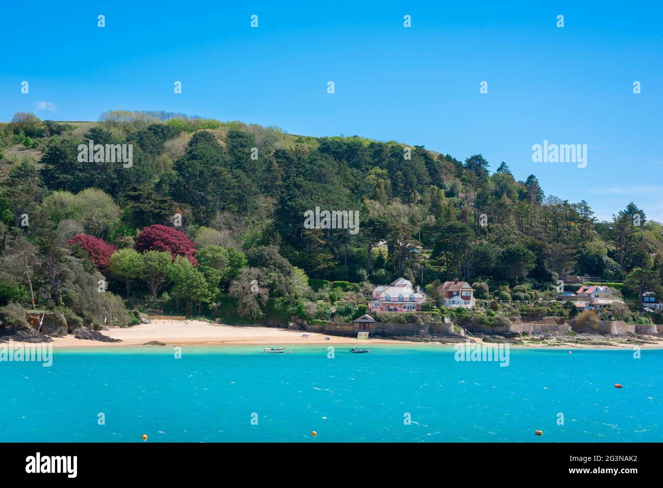 England coast, view in summer of the deserted beach at Small's Cove near East Portlemouth in the Salcombe Estuary, South Hams, Devon, England, UK Stock Photo