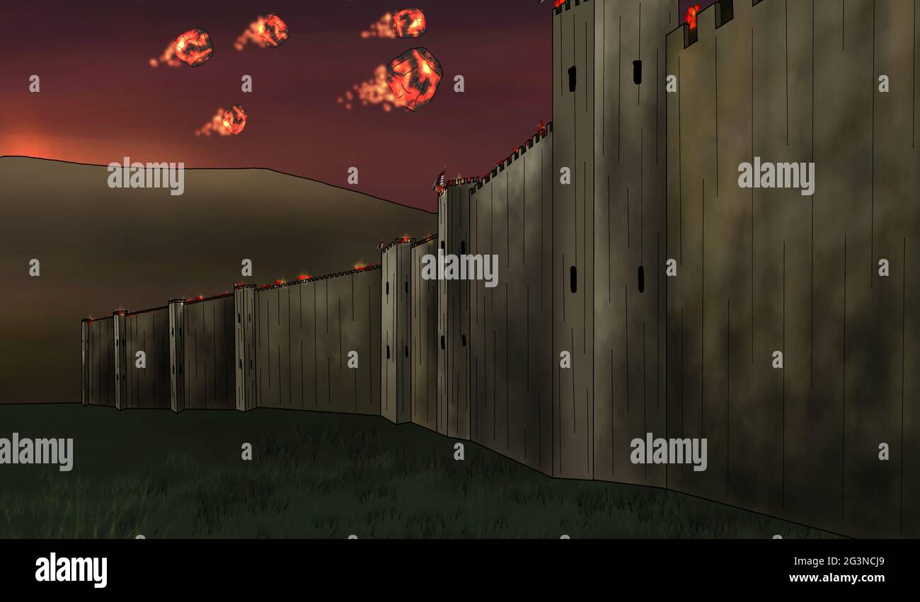 Reaching the castle wall of the burning rocks by catapult Stock Photo ...