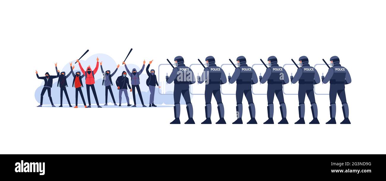 Street riots Crowds of people at a demonstration and Police in Riot Gear Holding the Line. Angry