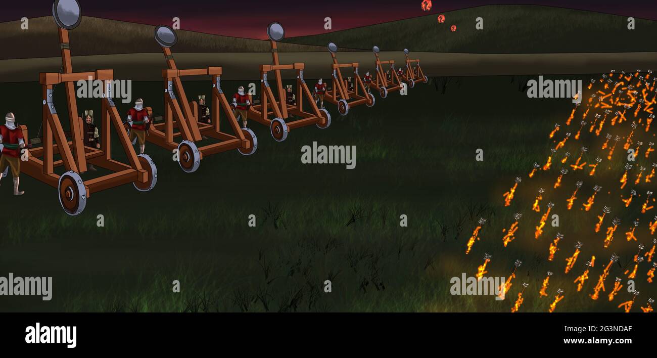 flaming arrows attacking catapults Stock Photo - Alamy