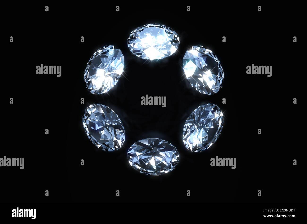 A close up view of a circular array of cut diamonds on a black isolated ...