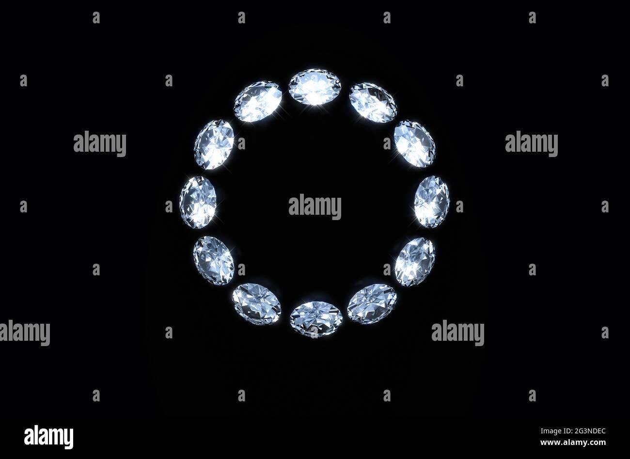 A close up view of a circular array of cut diamonds on a black isolated ...