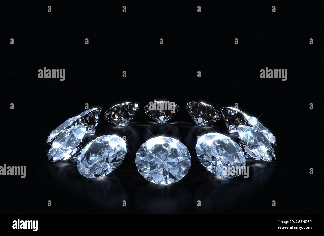 A close up view of a circular array of cut diamonds on a black isolated ...