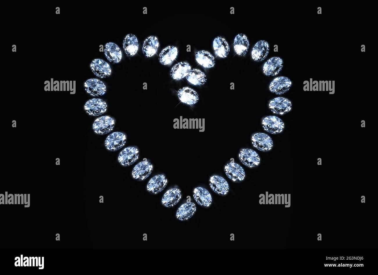 A close up view of an array of cut diamonds in the shape of a heart on a black isolated background - 3D render Stock Photo