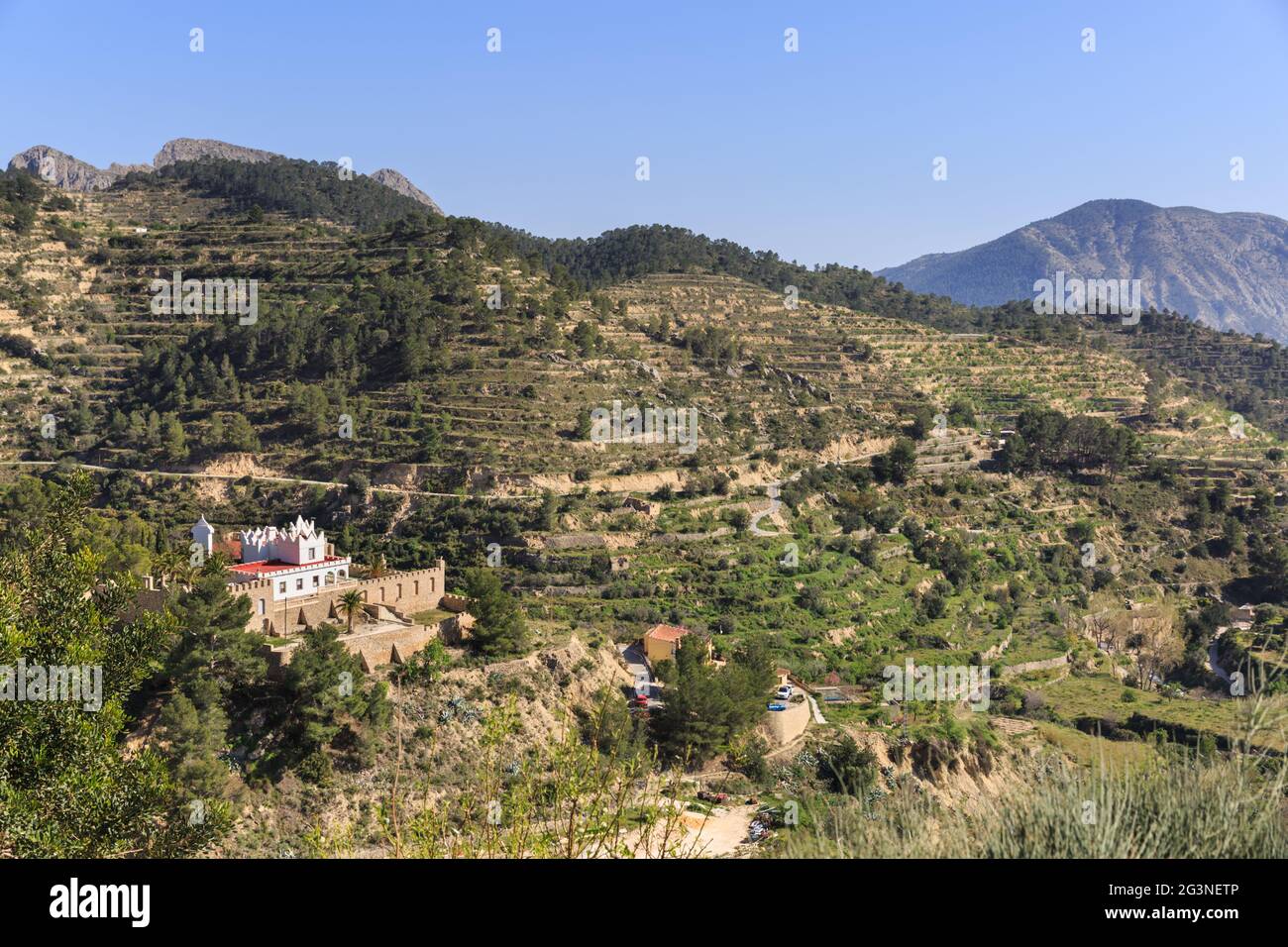 Panoramic mountain and countryside views near Sella, Alicante Region, Spain Stock Photo