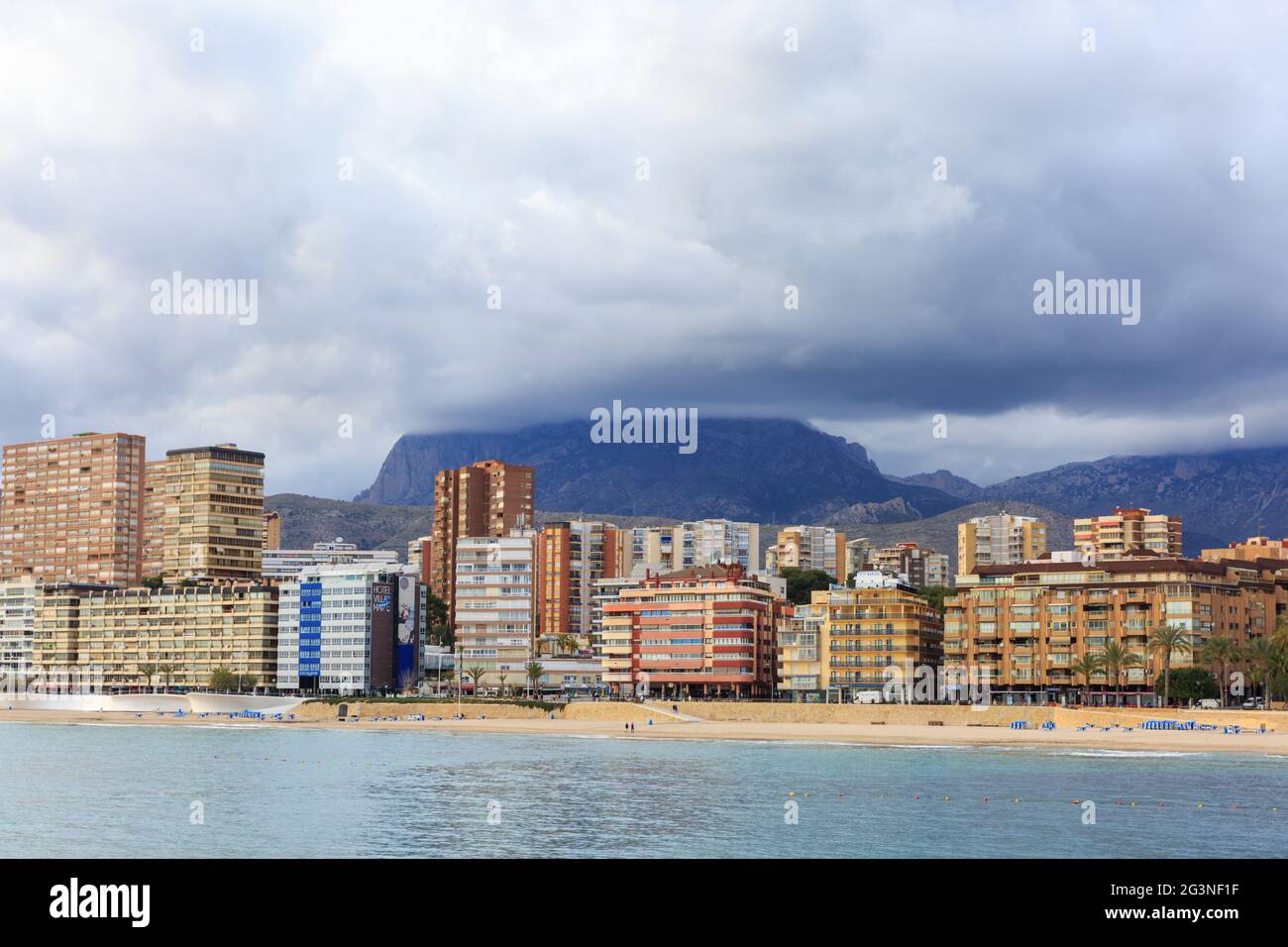 Beachfront, beach and hotels in Benidorm, Costa Blanca, Spain Stock Photo