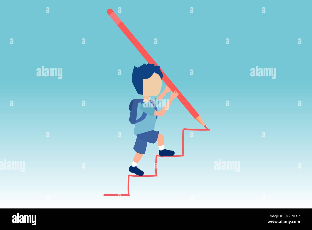 Vector of a young boy drawing rising up staircase with a huge pencil and climbing up the ladder. Stock Vector