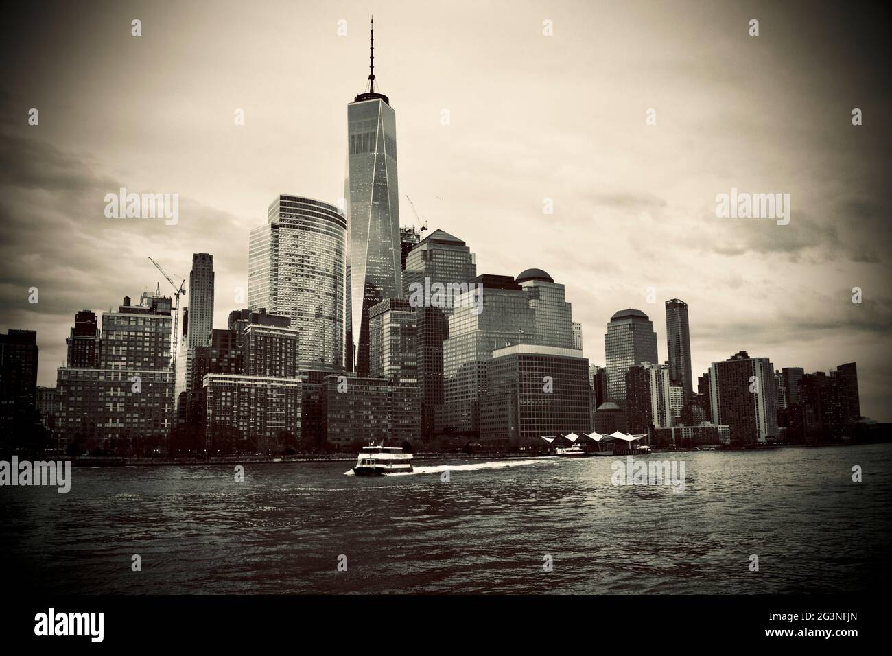 The World Trade Center in Manhattan, NYC from the New York Waterway ferry on the Hudson River. Stock Photo
