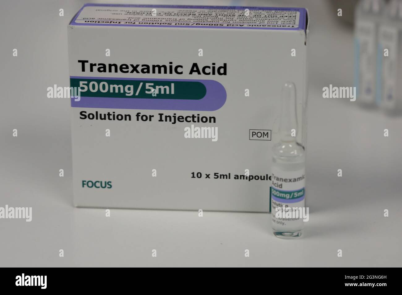 A box and ampoule of Tranexmic acid Stock Photo