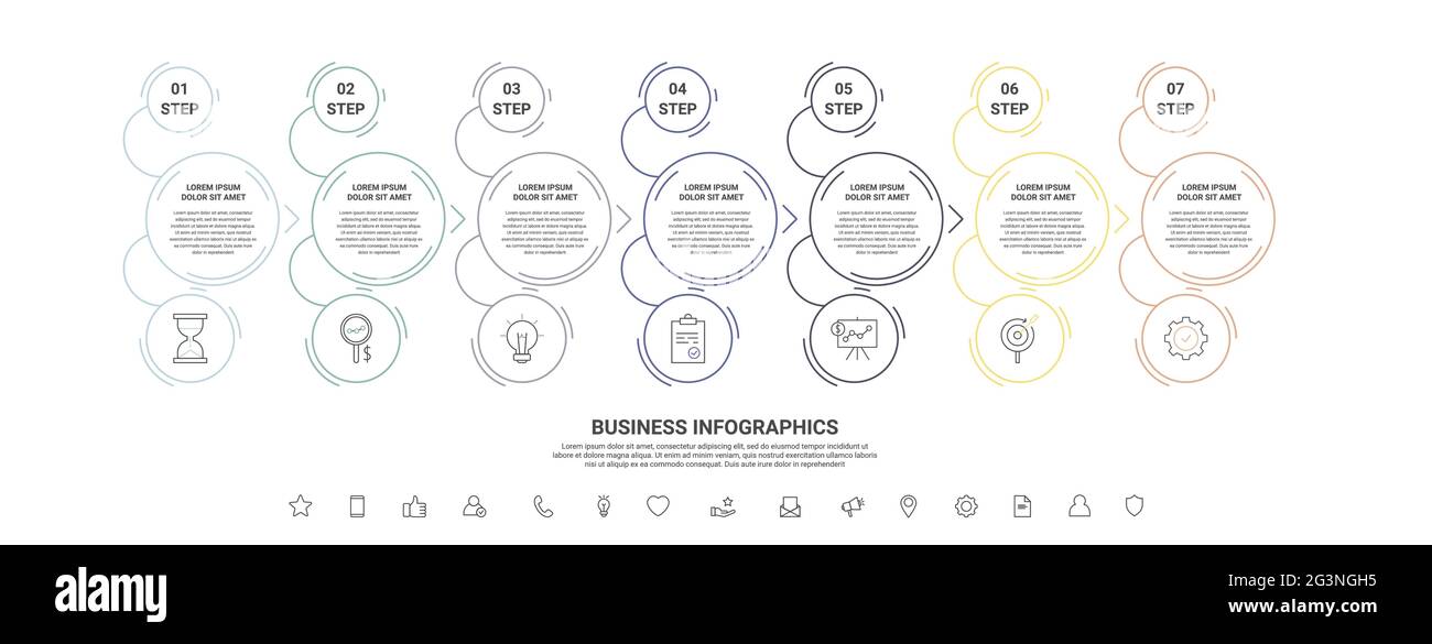 Thin line vector infographics with seven circles and arrows. Timeline template with 7 steps for the app, business, website, interface, chart, levels Stock Vector