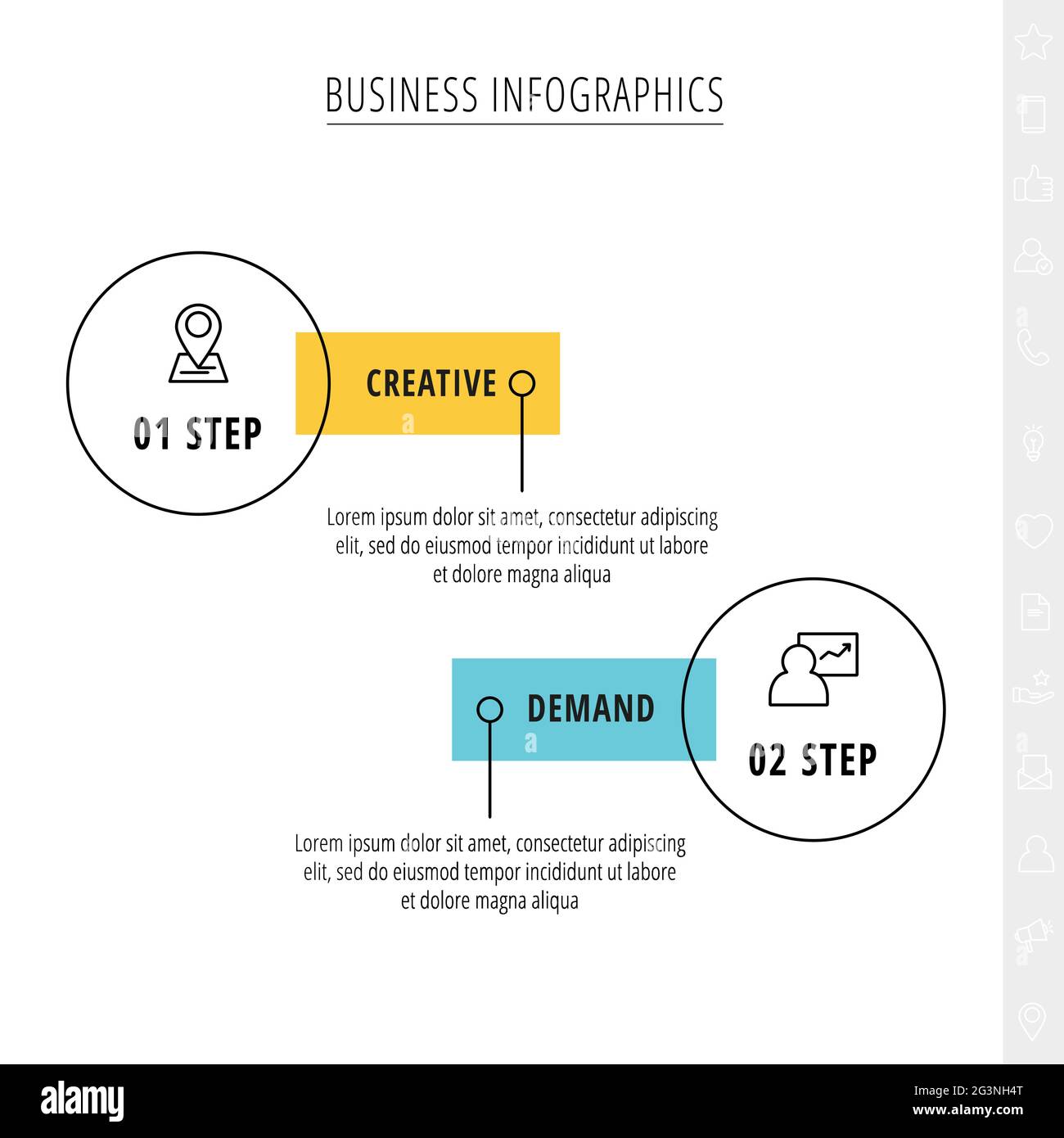 Thin line vector infographics with two circles and labels. Timeline ...