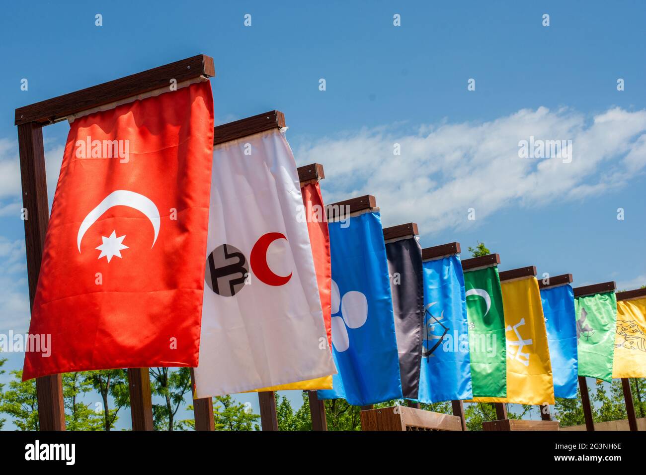 Flags of 16 great Turkish Empires Stock Photo