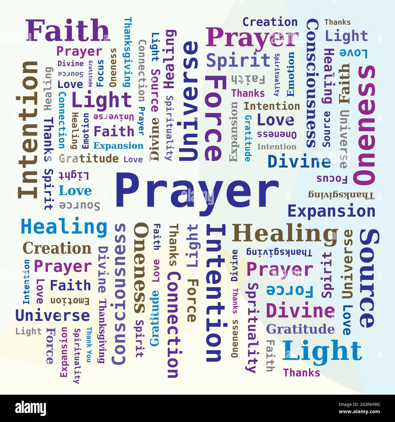 Word Cloud Prayer Theme in Blue Colors on Multicolored Background - Square Format Stock Vector