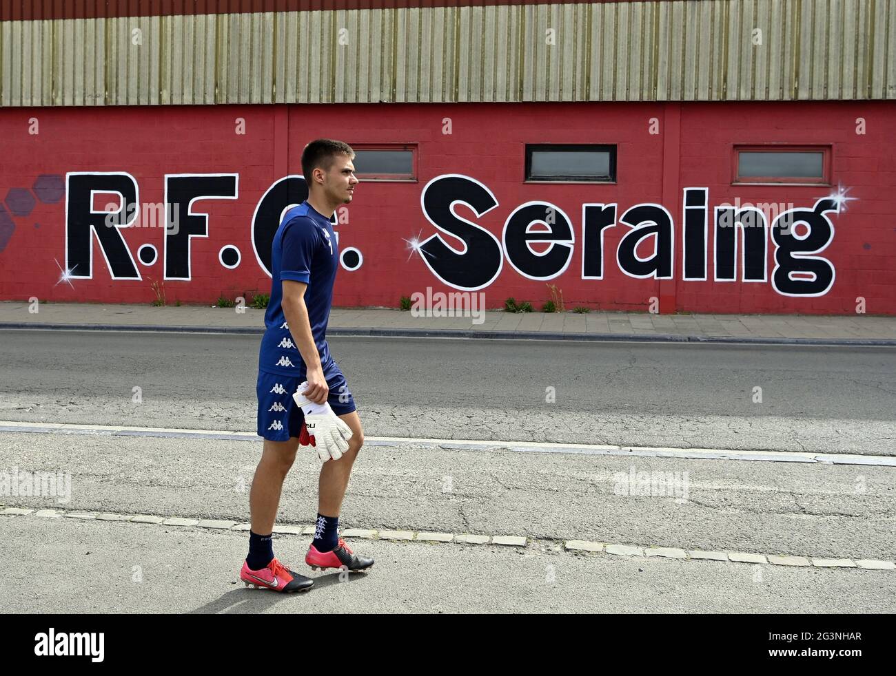 Seraing's Timothy Galje arrives for the first training session for the new season 2021-2022 of Jupiler Pro League first division soccer team RFC Serai Stock Photo
