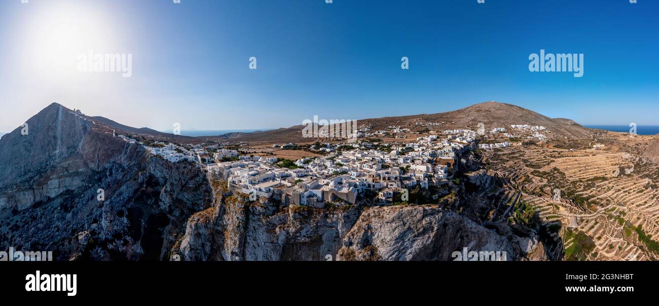 Folegandros island, Greece, Cyclades. Chora village panoramic, aerial drone view. Traditional Cycladic architecture, whitewashed buildings on top of s Stock Photo