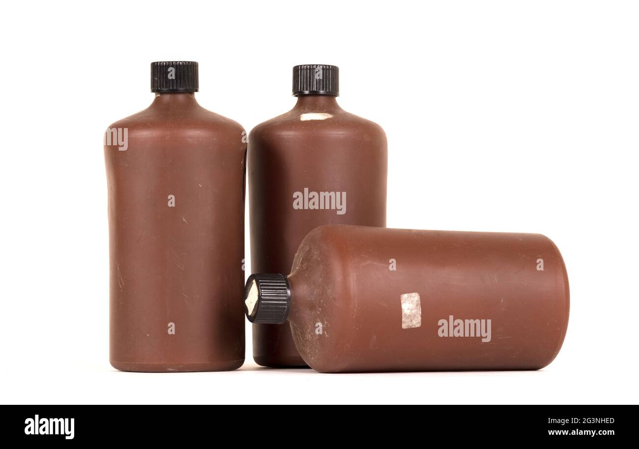 Photo developing equipment - Plastic bottle with chemicals Stock Photo