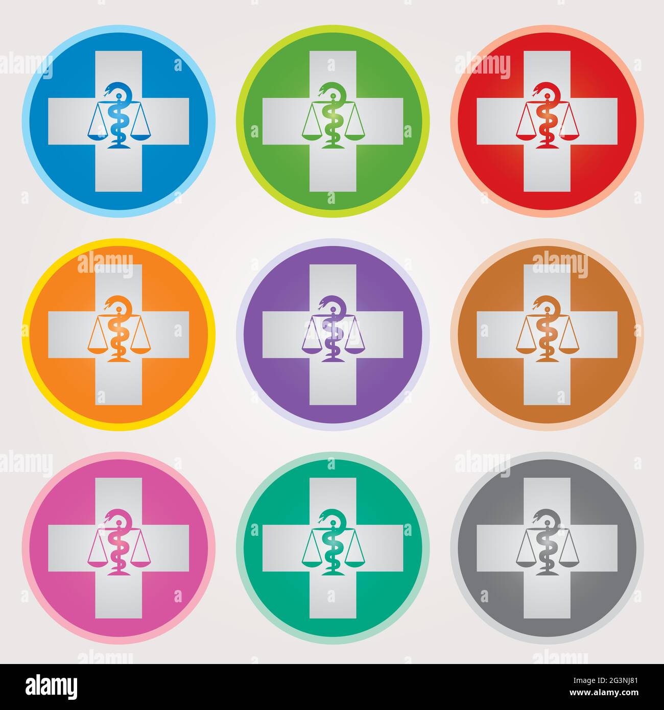 Set of Swiss Pharmacy Icons with Caduceus Symbol in Mixed Colors - Swiss Cross Symbols in Circles Stock Vector