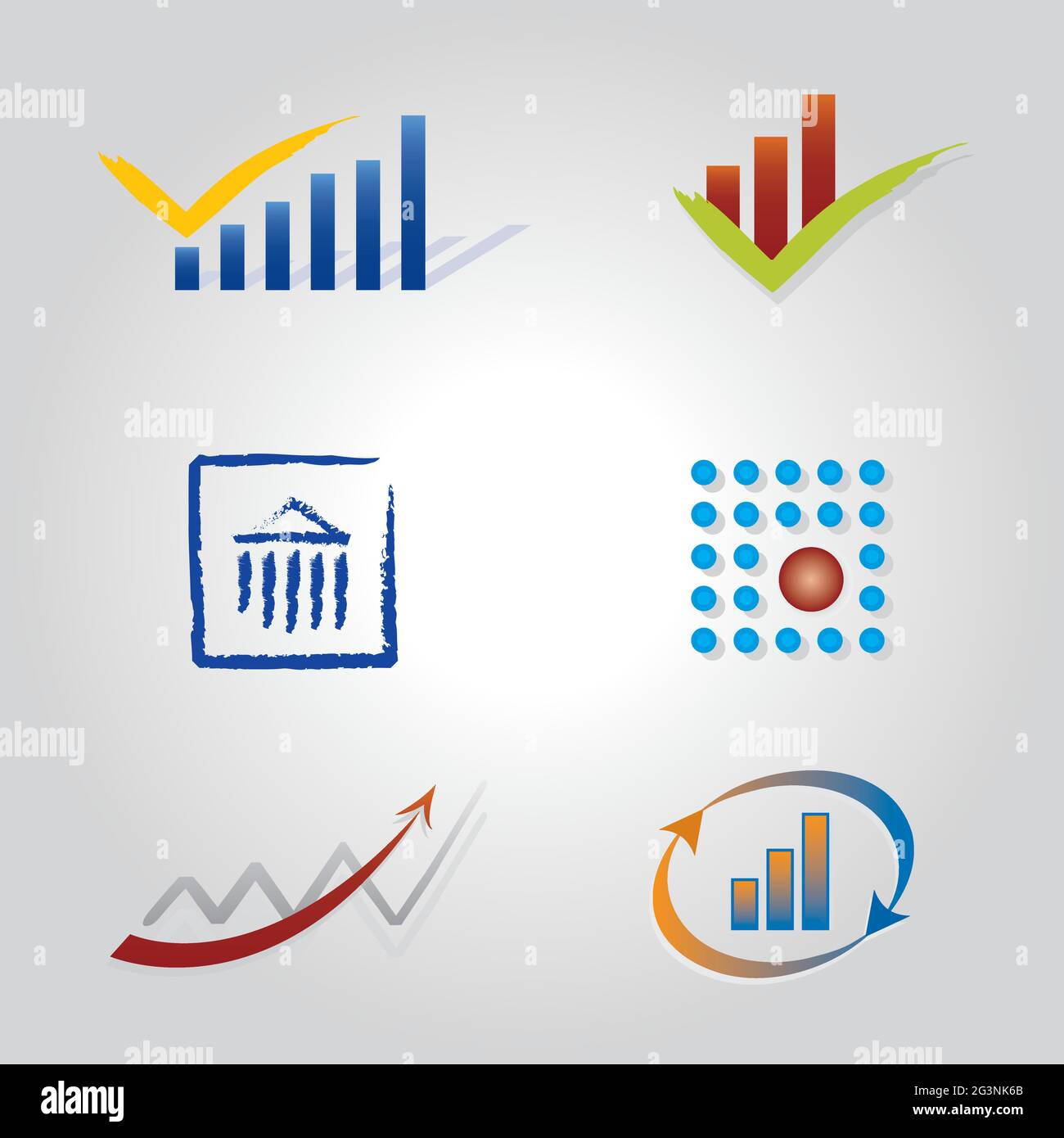 Set of 6 Graph Icons - Different Chart Types with Arrows in Various Colors Stock Vector