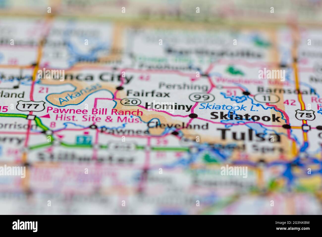Hominy Oklahoma USA shown on a Geography map or road map Stock Photo