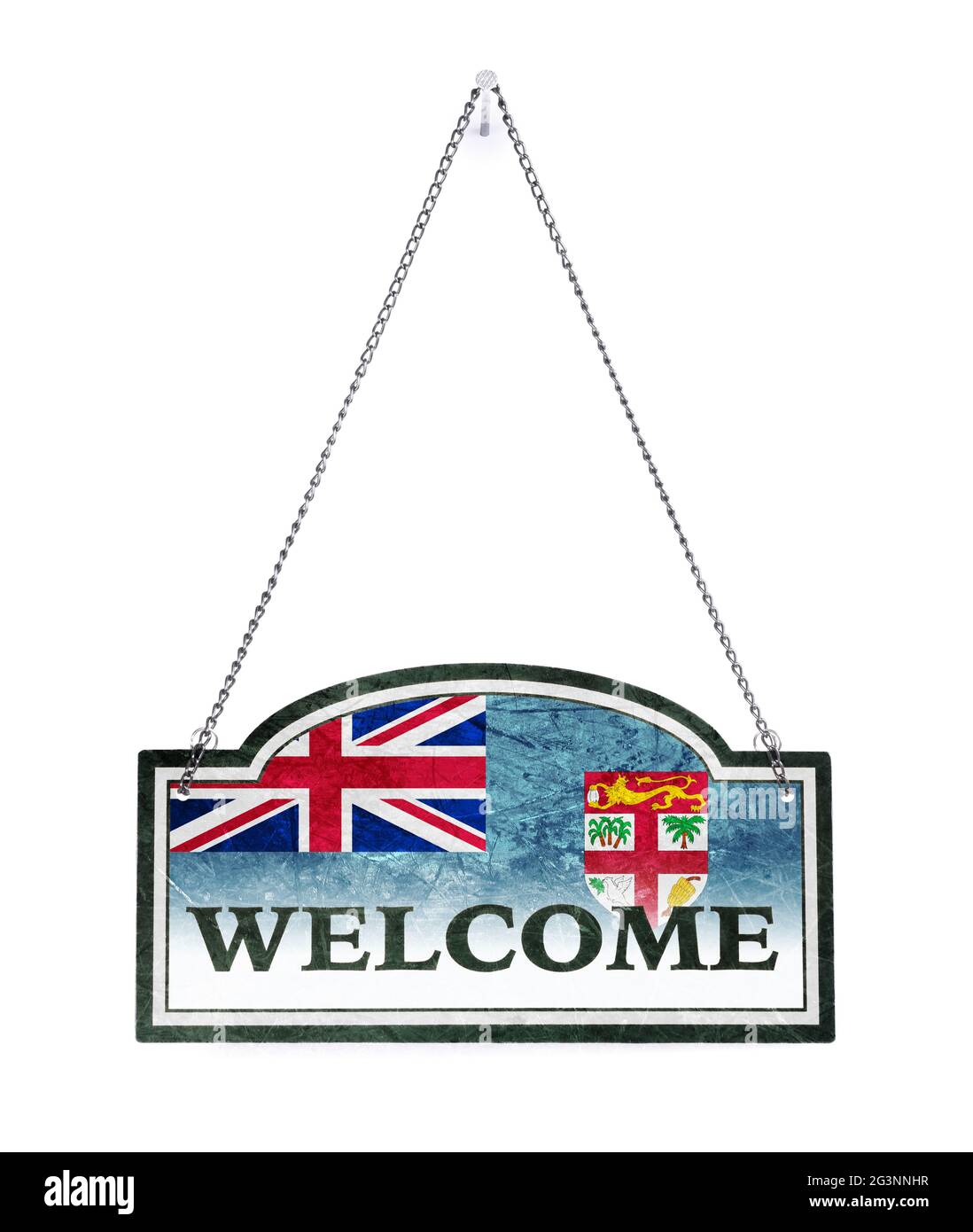 Fiji welcomes you! Old metal sign isolated Stock Photo