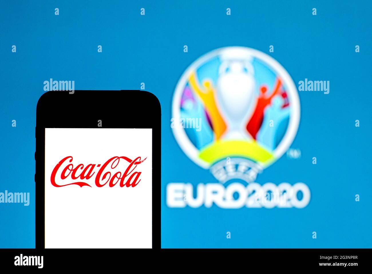 Spain 16th June 21 In This Photo Illustration A Coca Cola Logo Seen Displayed On A Smartphone With A Uefa Euro Logo In The Background Photo By Thiago Prudencio Sopa Images Sipa Usa Credit