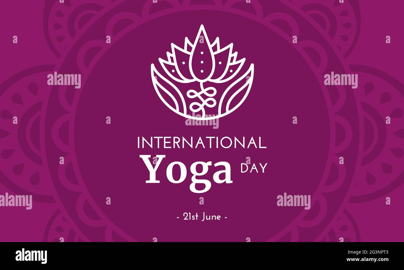 International Yoga Day on 21st June. Silhouette of Lotus in hands on Mandala background  concept illustration banner, brochure, poster design Stock Photo