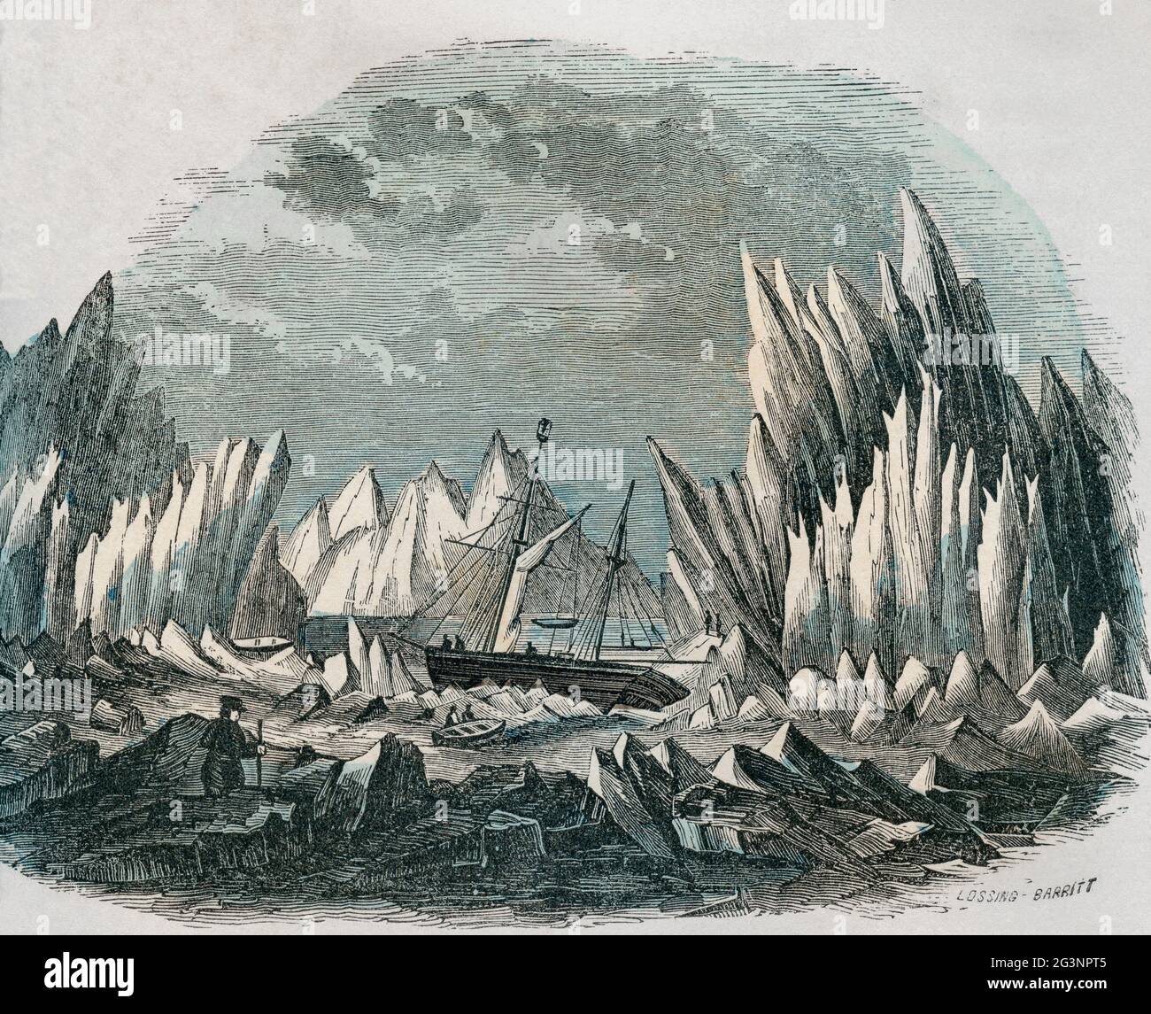 The British ship Prince Albert trapped in ice whilst attempting to search for Sir John Franklin's ill-fated 1845 Arctic expedition.  From An Illuminated History of North America, from the earliest period to the present time, published 1860. Stock Photo