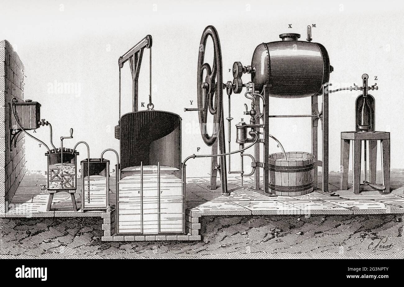 Apparatus used in the fabrication of fizzy water.  From Le Savant du Foyer ou Notions Scientifiques Sur Les Objets Usuels de la Vie, published 1864 Stock Photo
