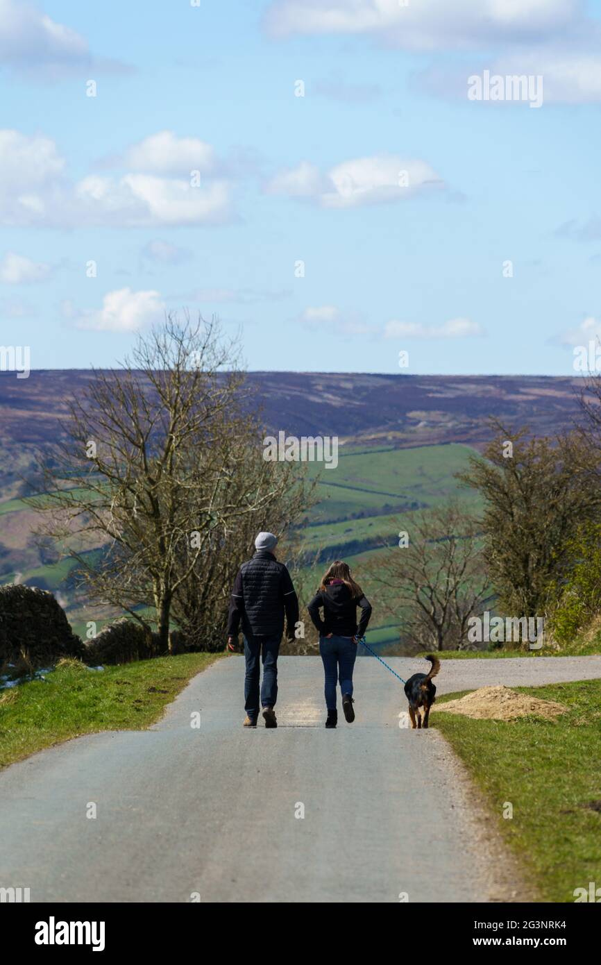A man and woman are walking their dog along a country road with a valley in the background, in Nidderdale, North Yorkshire, England, UK. Stock Photo