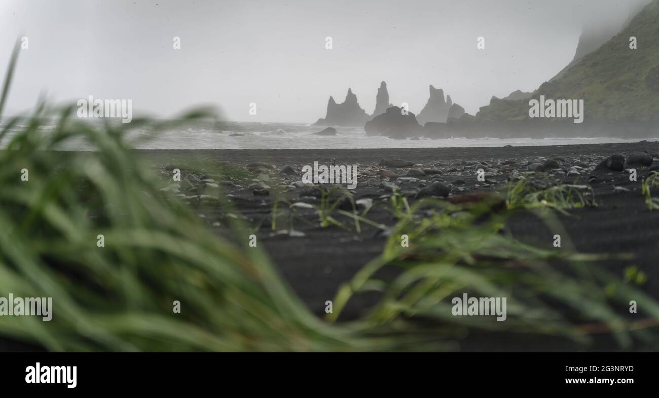 Reynisfjara black sand beach and Reynisdrangar basalt sea stacks on ...