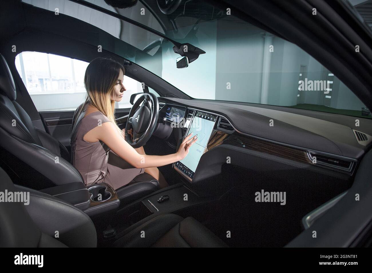 Inside View of Luxury Last Technology Electric Vehicle Stock Photo