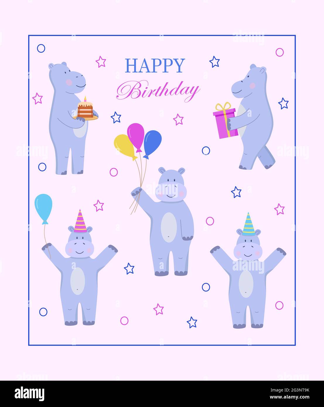 A Set Of Cute Cartoon Hippos In A Festive Hat With A Cake Balloons And A Gift With Confetti Vector Illustration Greeting Card Concept Birthday Part Stock Photo Alamy