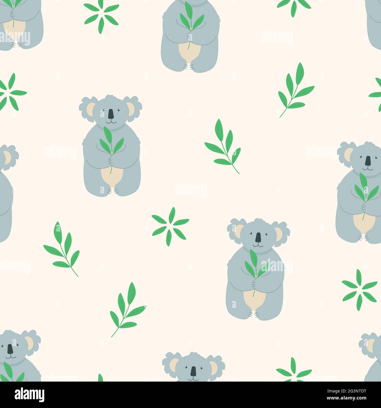 Seamless Pattern Cute cartoon character koala with a sprig of green eucalyptus leaves. Vector illustration Stock Photo