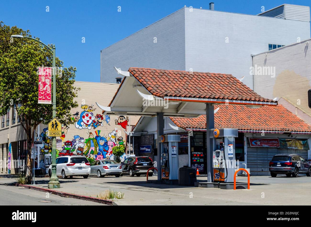 A colorful mural at a gas station in Oakland California's Chinatown USA