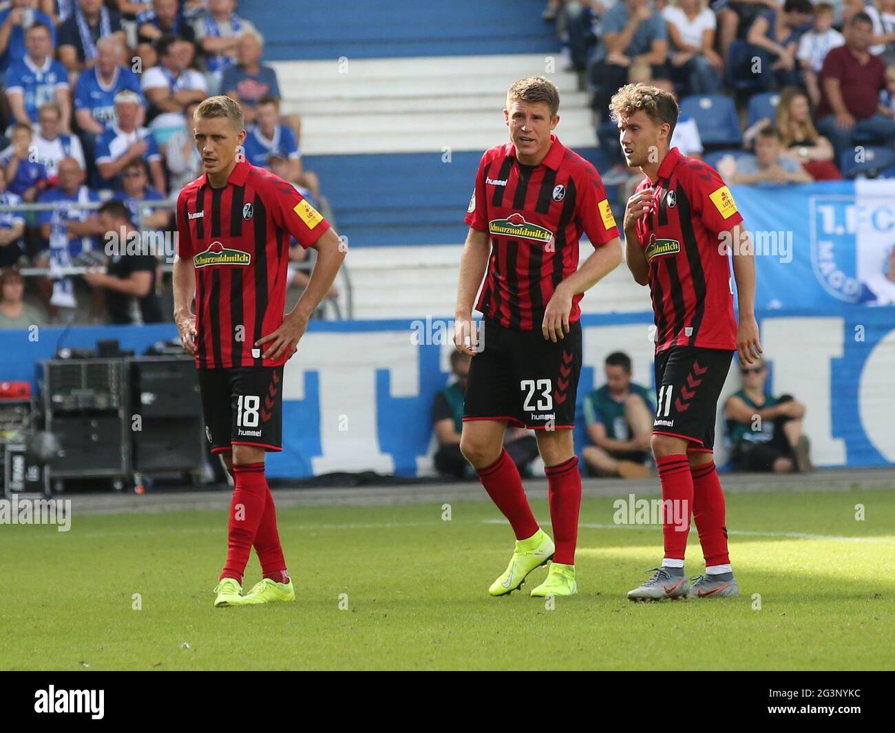 German soccer players Nils Petersen, Dominique Heintz an Luca Waldschmidt SC Freiburg season 2019-20 Stock Photo