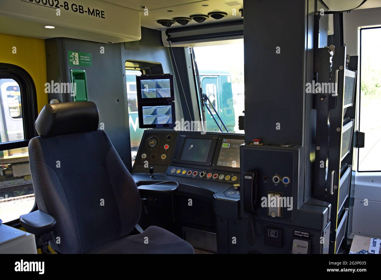 Driver's cab on the new Merseyrail class 777 Stadler EMU metro train with battery power unit being demonstrated at Rail Live, 16th June 2021 Stock Photo