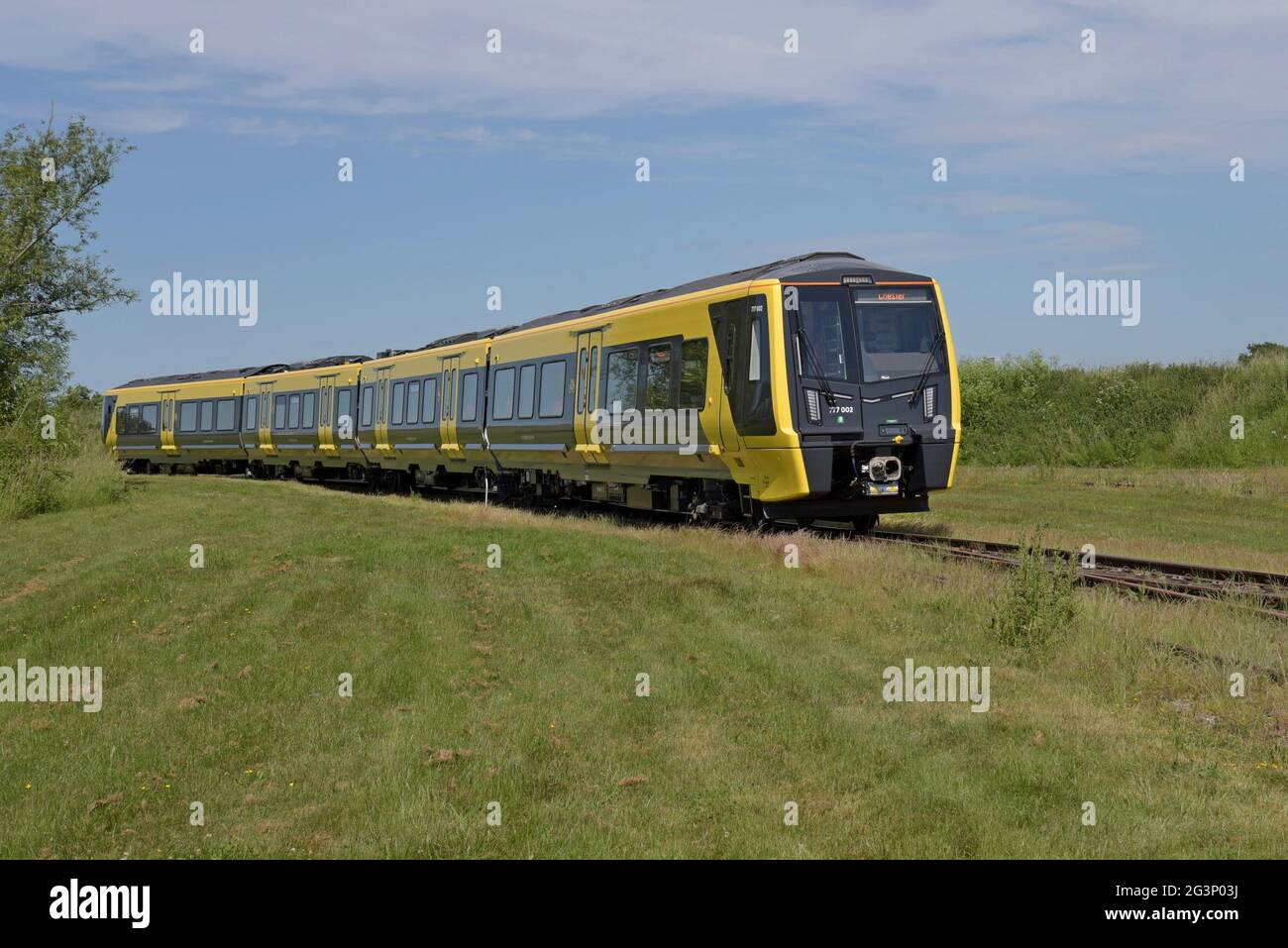 New Merseyrail class 777 Stadler EMU metro train with battery power unit being demonstrated at Rail Live, the rail industry trade show, 16th June 2021 Stock Photo