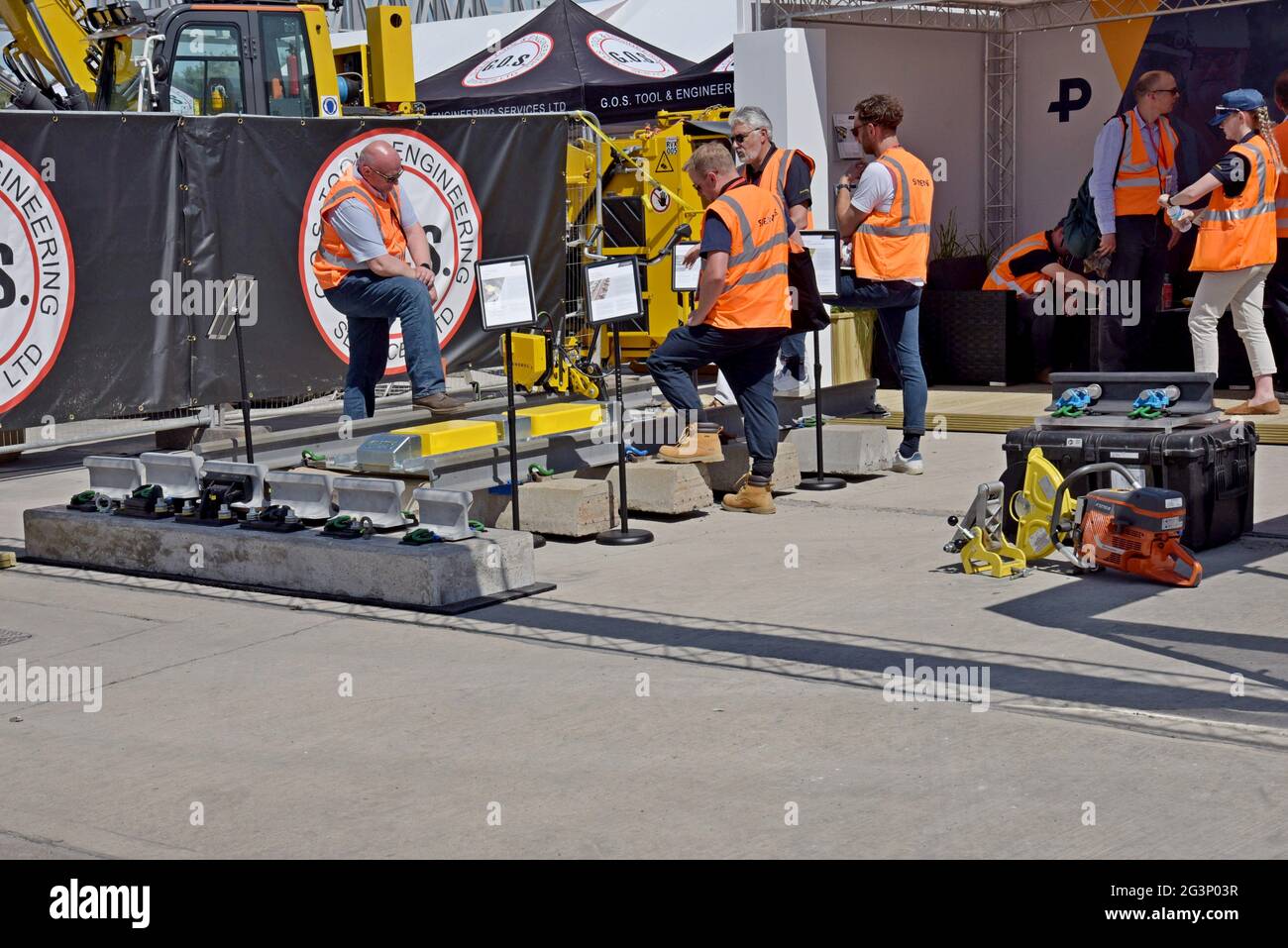 Permanent way engineers study new technology and innovations at the Rail Live trade show, Long Marston, Warwickshire, June 2021 Stock Photo
