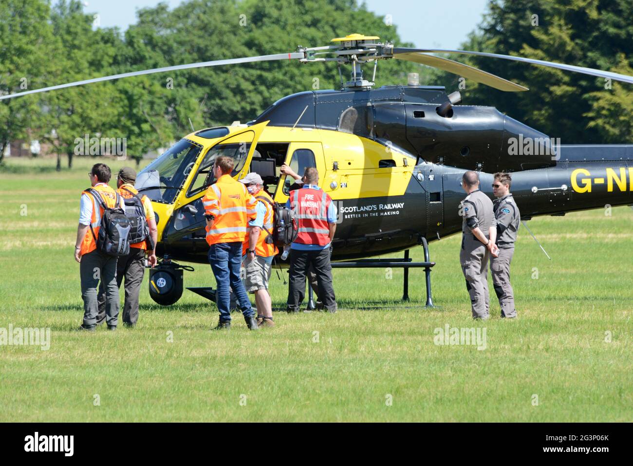Network Rail Air Operations Eurocopter AS355 Écureuil 2 helicopters on display at the Rail Live trade show, Long Marston, Warwickshire, June 2021 Stock Photo