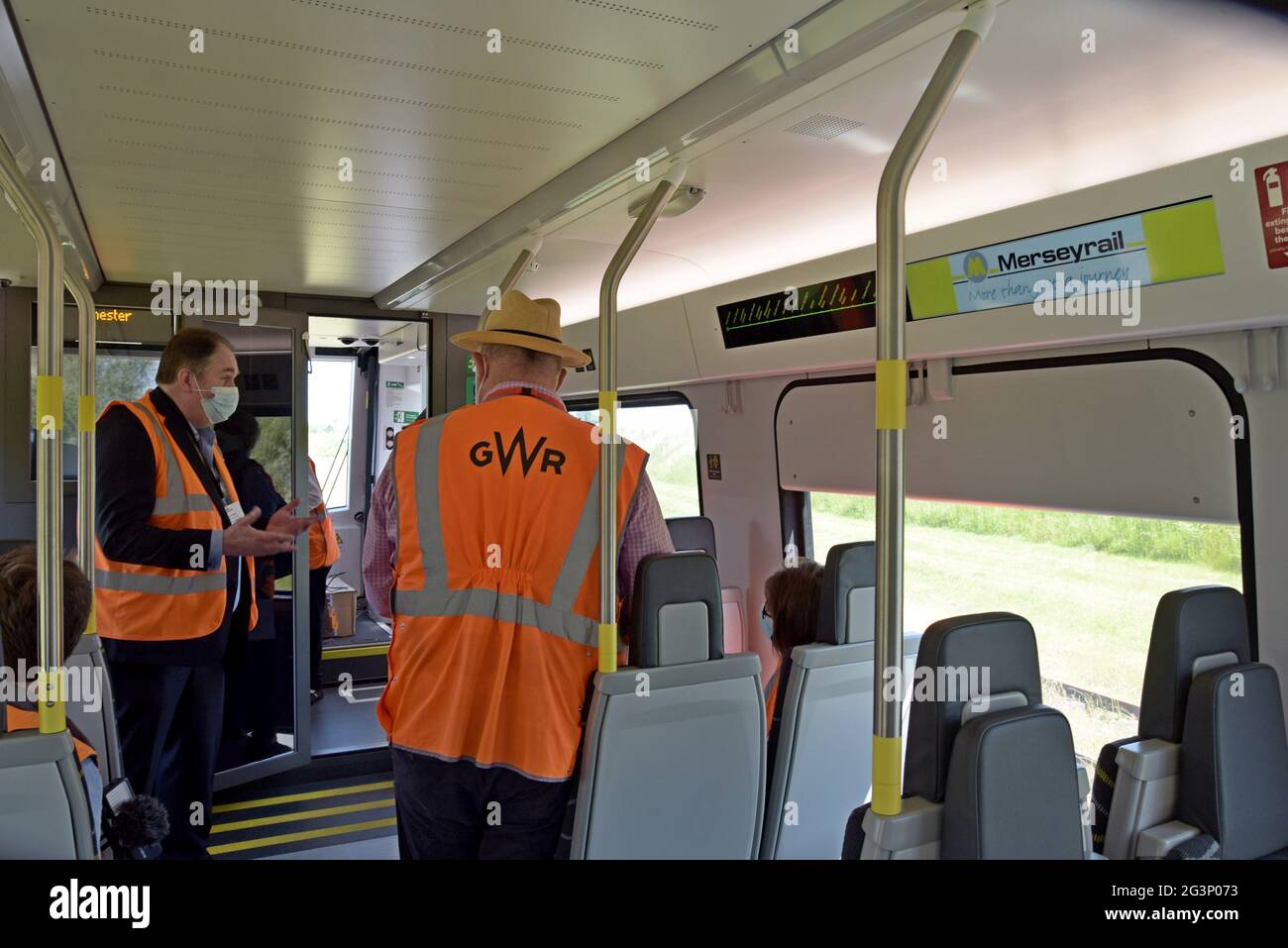 David Powell of Merseyrail shows rail industry staff the new Merseyrail class 777 Stadler metro train being demonstrated at Rail Live, 16th June 2021 Stock Photo