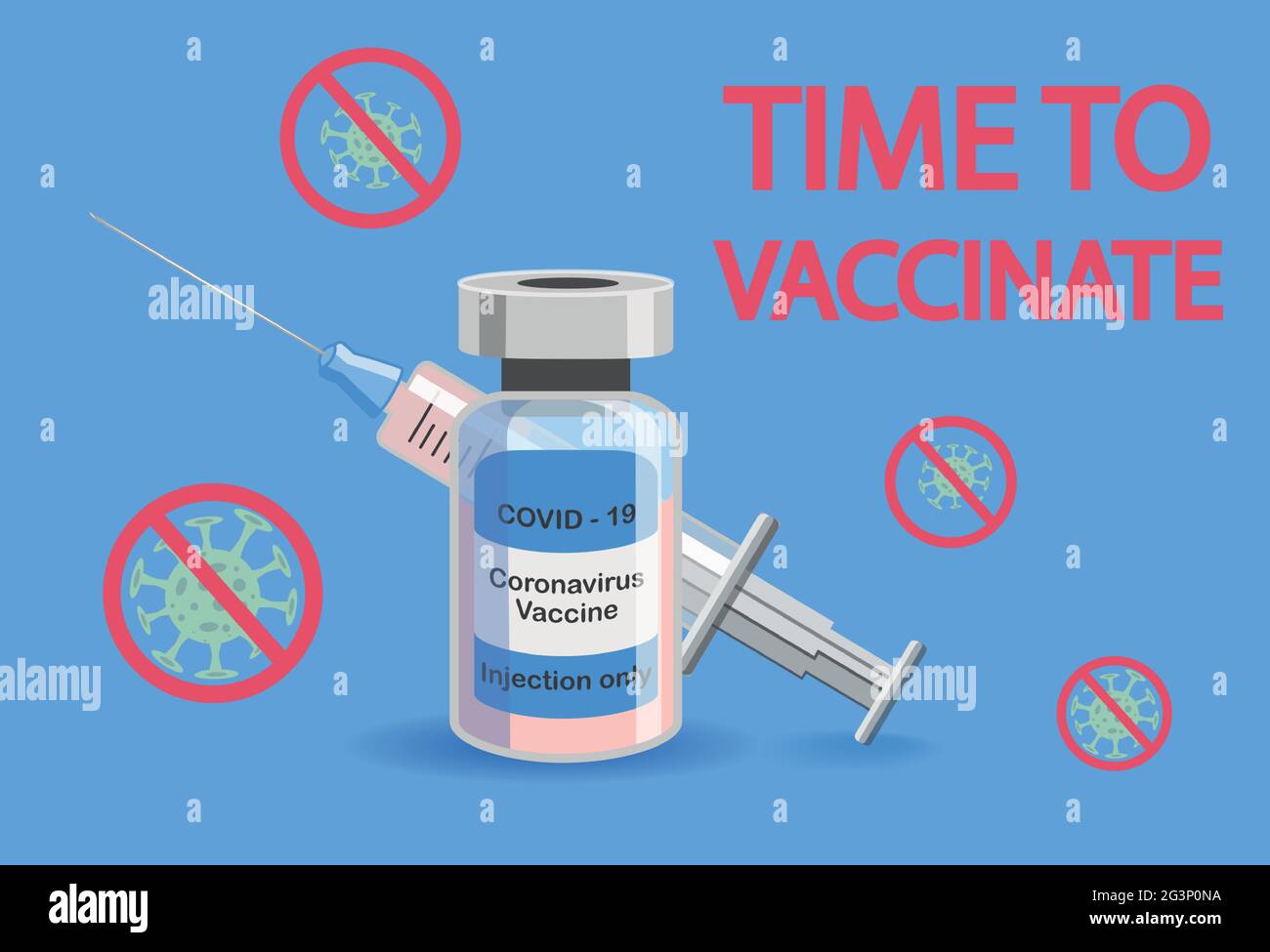 Vaccination concept. Immunization campaign. Vaccination against the vaccine. Health care and security. Syringe and vaccine vial. Medical treatment. Fl Stock Vector