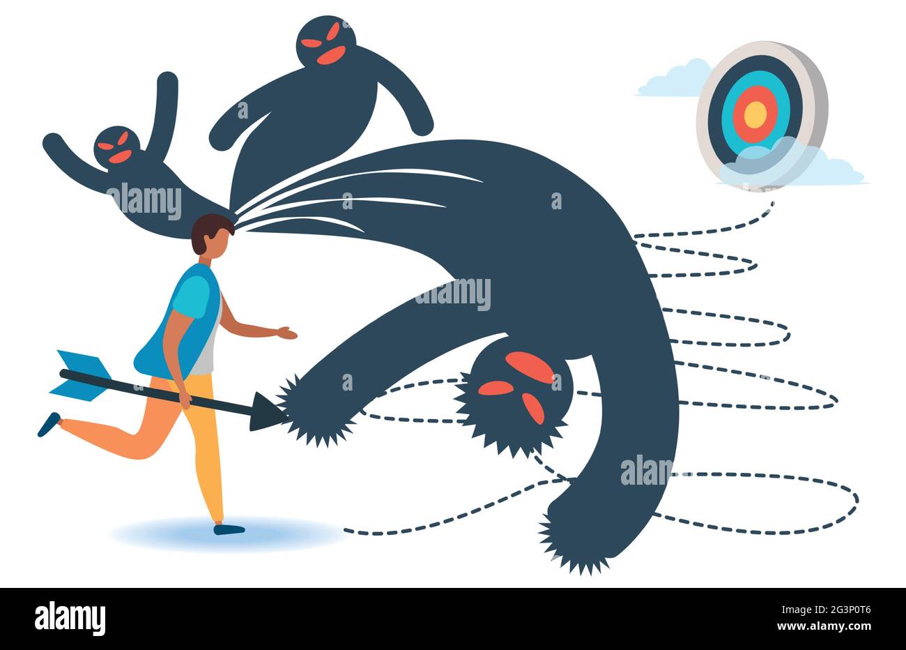 A man with an arrow goes to the goal, fear prevents him from moving. Fears and limitations in the head, in thoughts, in the brain. The concept of psyc Stock Vector