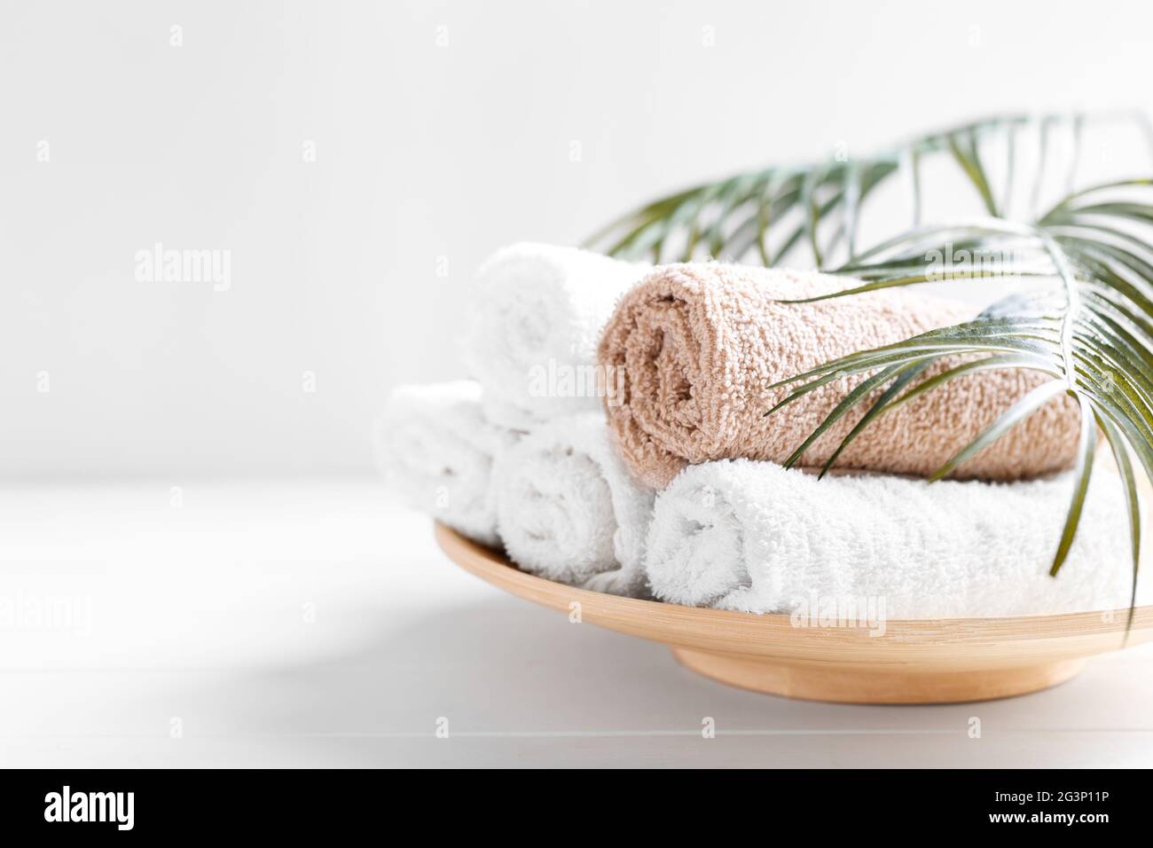 Spa Composition Two White Fluffy Towels Cotton Flowers Light