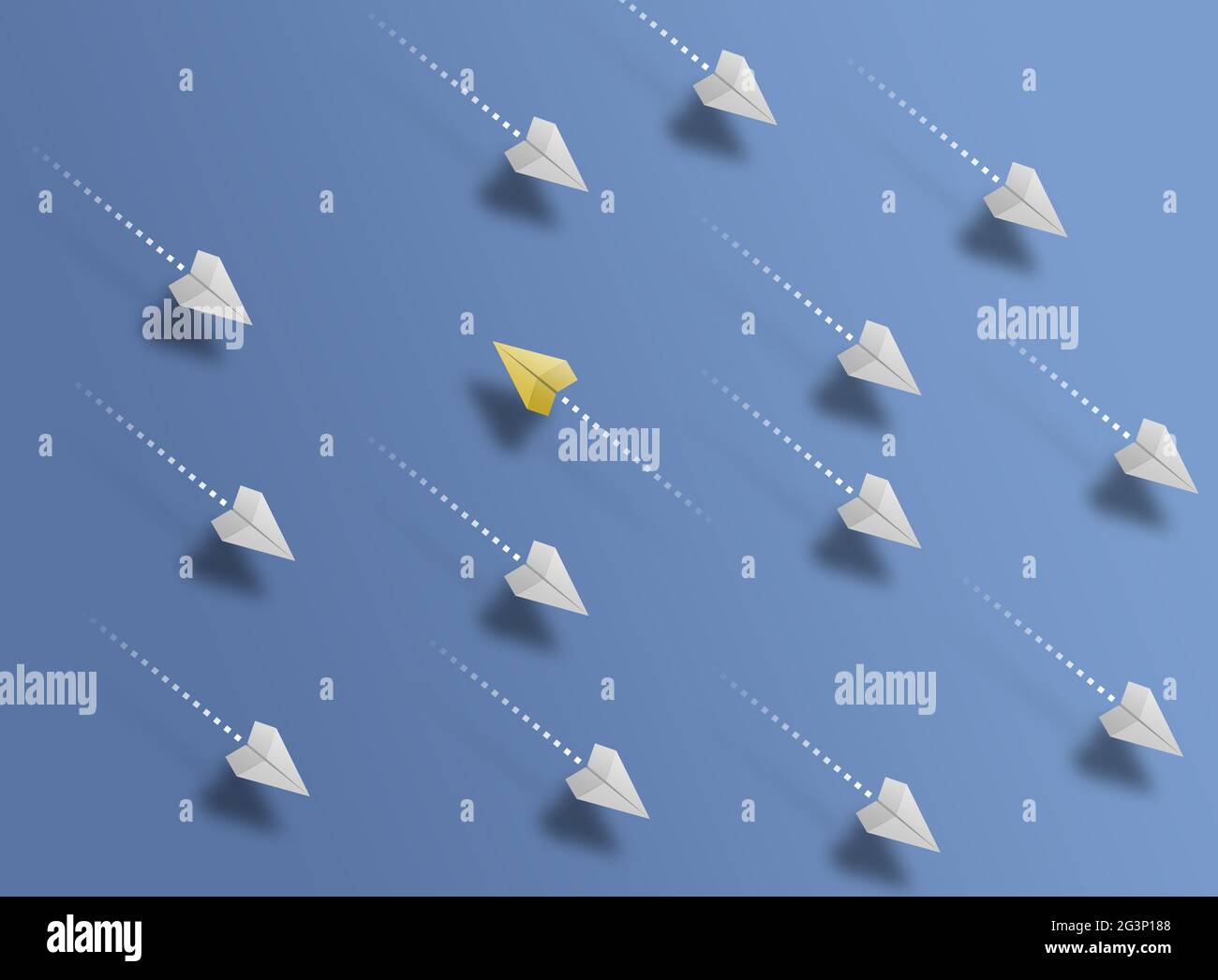 group of paper planes flying in one direction on blue background and one paper glider going in different or opposite direction, breaking new ground Stock Photo